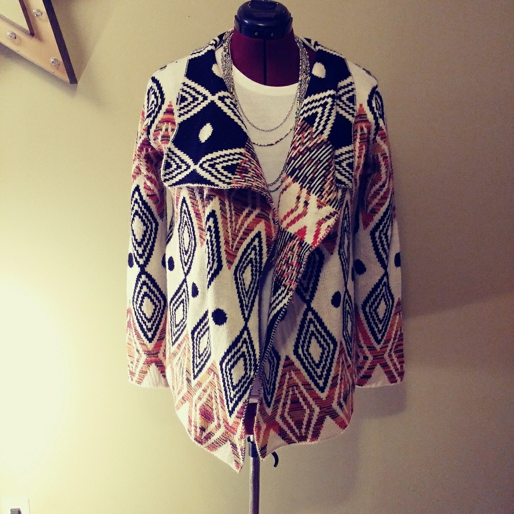 Open-Front Geometric Pattern Cardigan Sweater - Cream & Rust - Picture 4 of 8